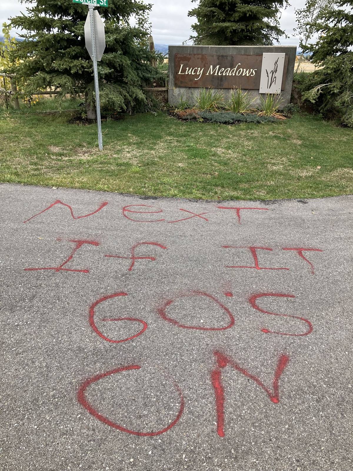 "Next if it goes on" spray-painted in red on the road at the Lucy Meadows entrance, below a stop sign and the subdivision sign.