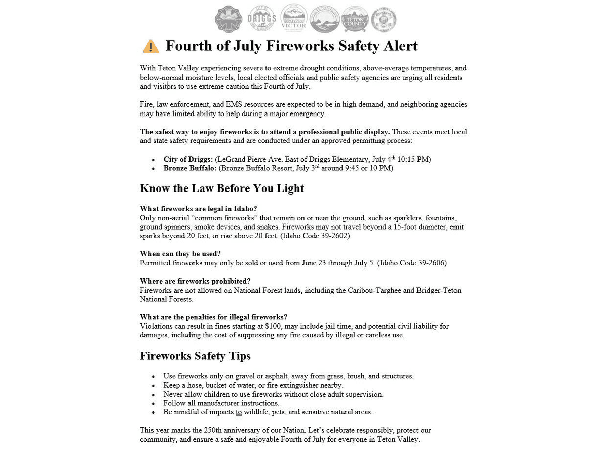Fourth of July Fireworks Safety Alert flyer from local agencies listing legal fireworks, public displays and safety tips