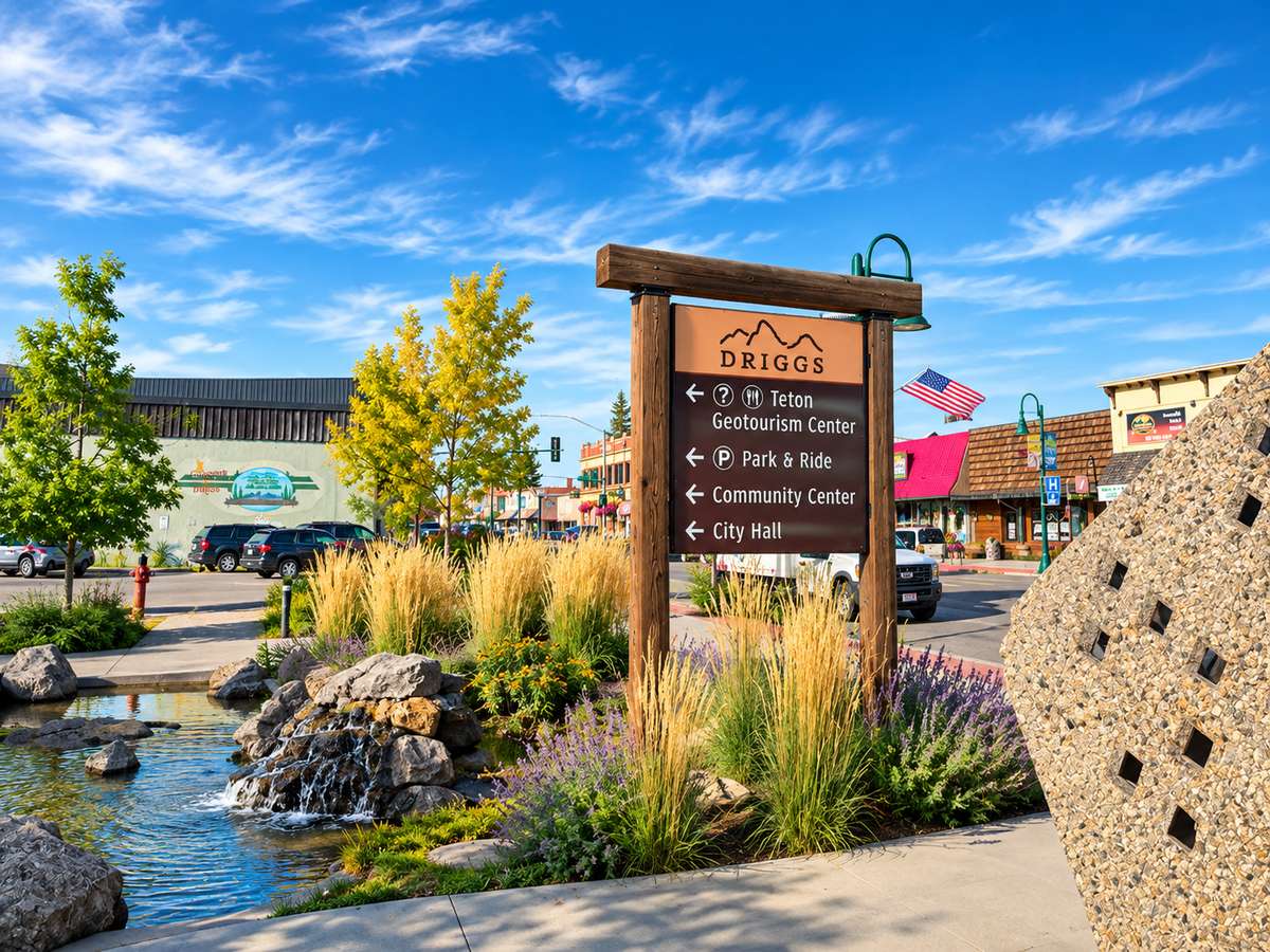 Wooden Driggs wayfinding sign pointing to the Teton Geotourism Center, Park & Ride, Community Center and City Hall