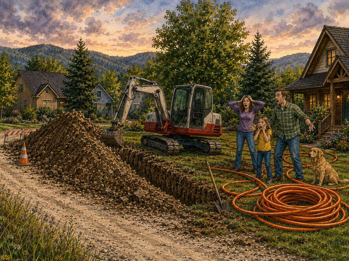 Illustration of a family looking alarmed as an excavator digs a trench in their yard beside coils of orange fiber conduit