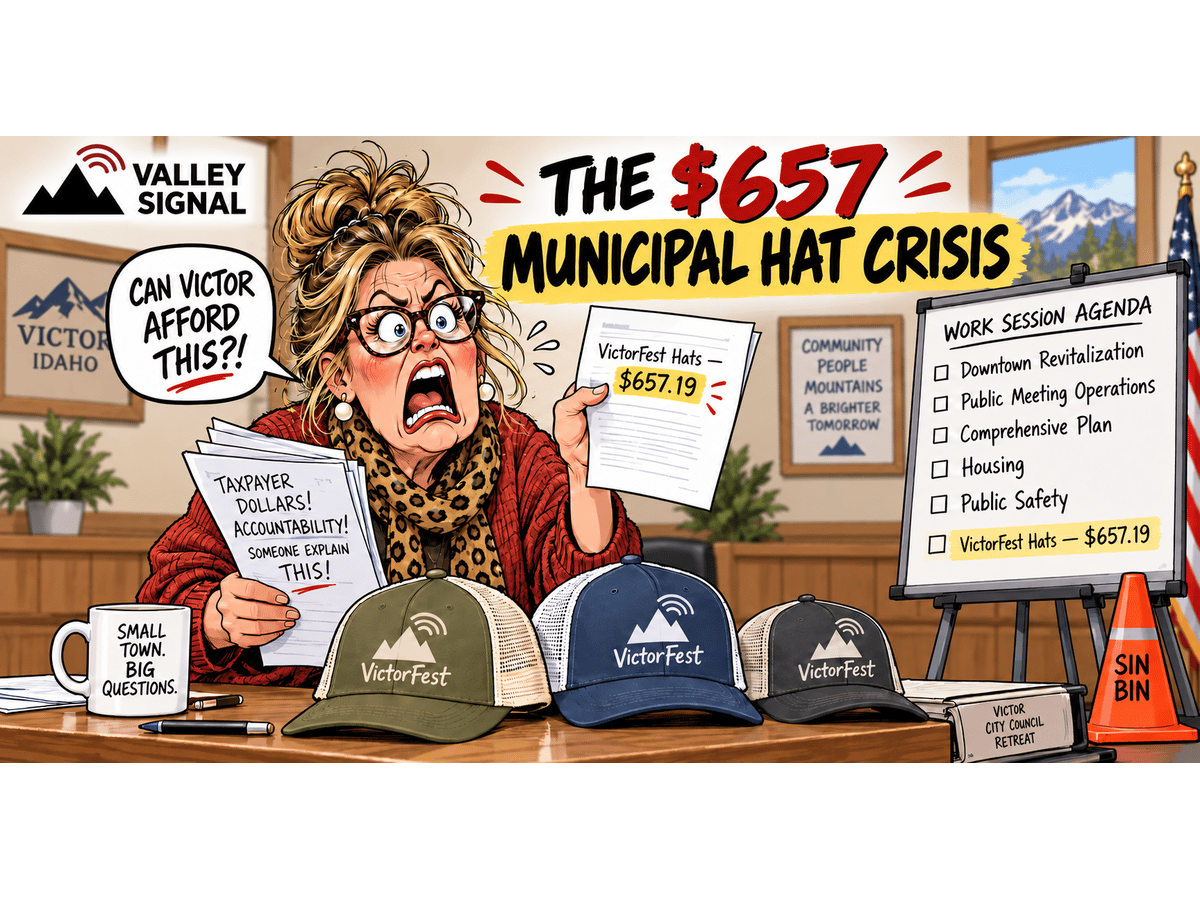 Sin Bin cartoon: an outraged woman holds VictorFest hats billed at $657.19 under the headline "The $657 Municipal Hat Crisis"