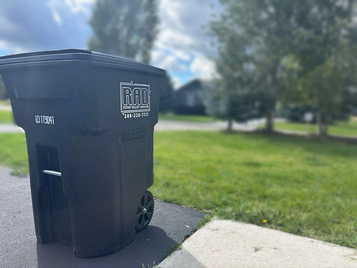 Black RAD Teton Valley Curbside garbage cart at the curb of a grassy residential lot