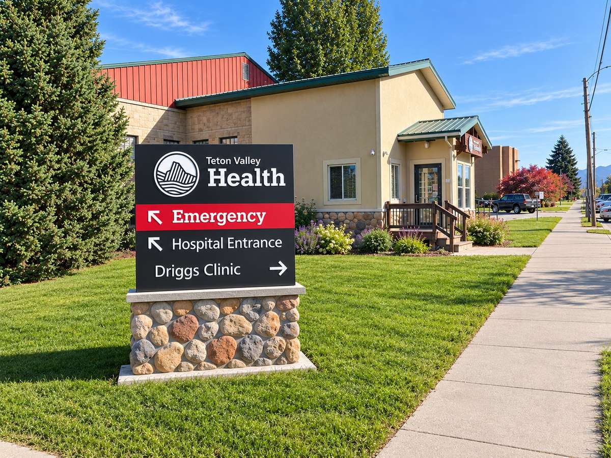Teton Valley Health sign directing visitors to Emergency, the Hospital Entrance and Driggs Clinic in front of a clinic building