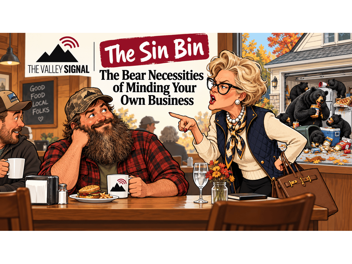 Sin Bin cartoon: in a diner, a woman in pearls lectures a bearded man in a camouflage cap over his lunch while bears raid her open garage behind her.