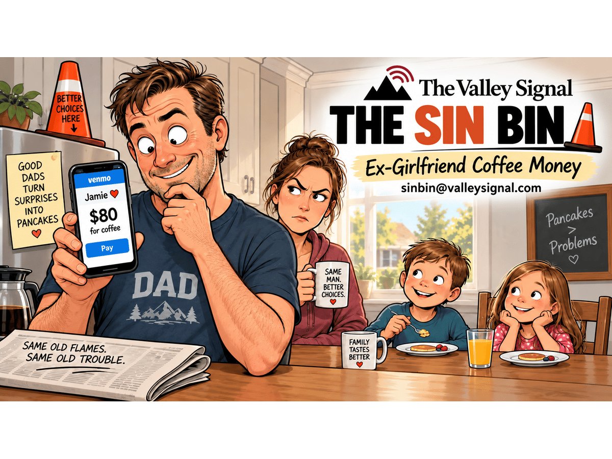 Sin Bin cartoon: a dad eyes an $80 Venmo coffee payment from "Jamie" as his family watches at breakfast