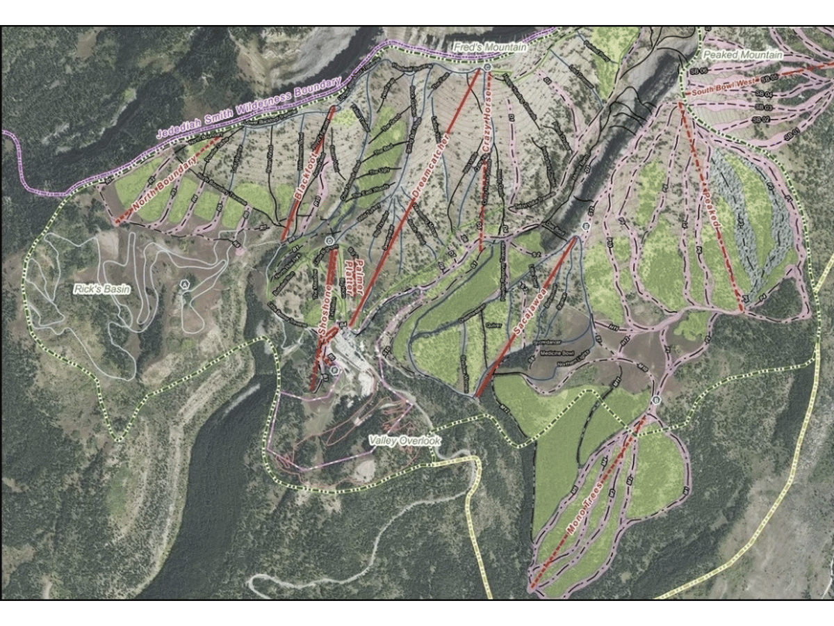 Map of Grand Targhee Resort's expansion plan, with lift lines and terrain from Fred's Mountain and Peaked Mountain to South Bowl, along the Jedediah Smith Wilderness boundary.