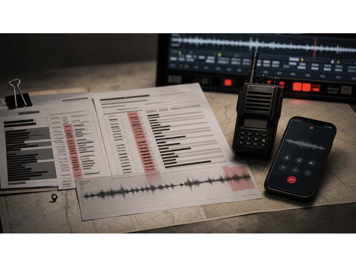 AI-generated illustration of dispatch logs with highlighted entries, a waveform printout, a handheld radio and a phone