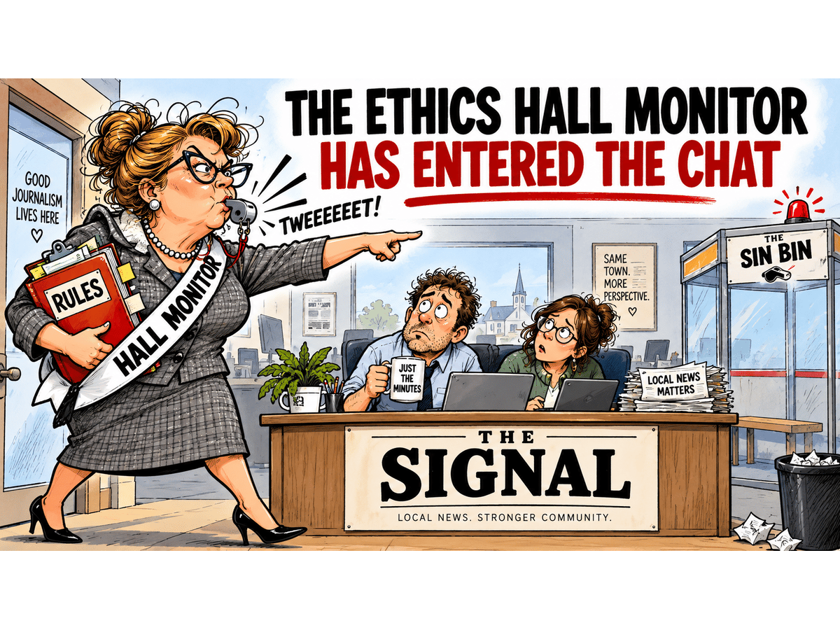 Sin Bin cartoon: a whistle-blowing "Hall Monitor" points at two reporters at a desk labeled "The Signal"