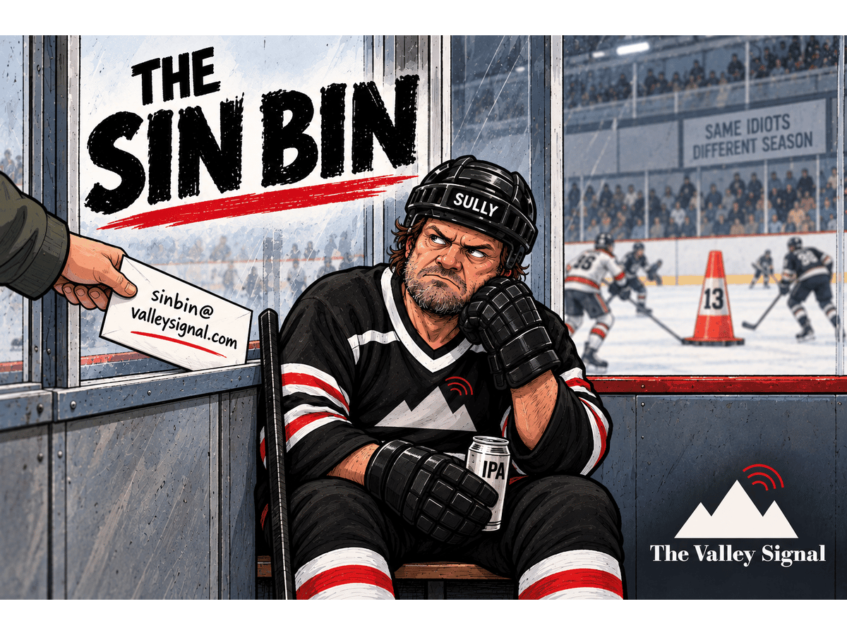 Sin Bin cartoon: a scowling hockey player named "Sully" in the penalty box, handed a card for sinbin@valleysignal.com