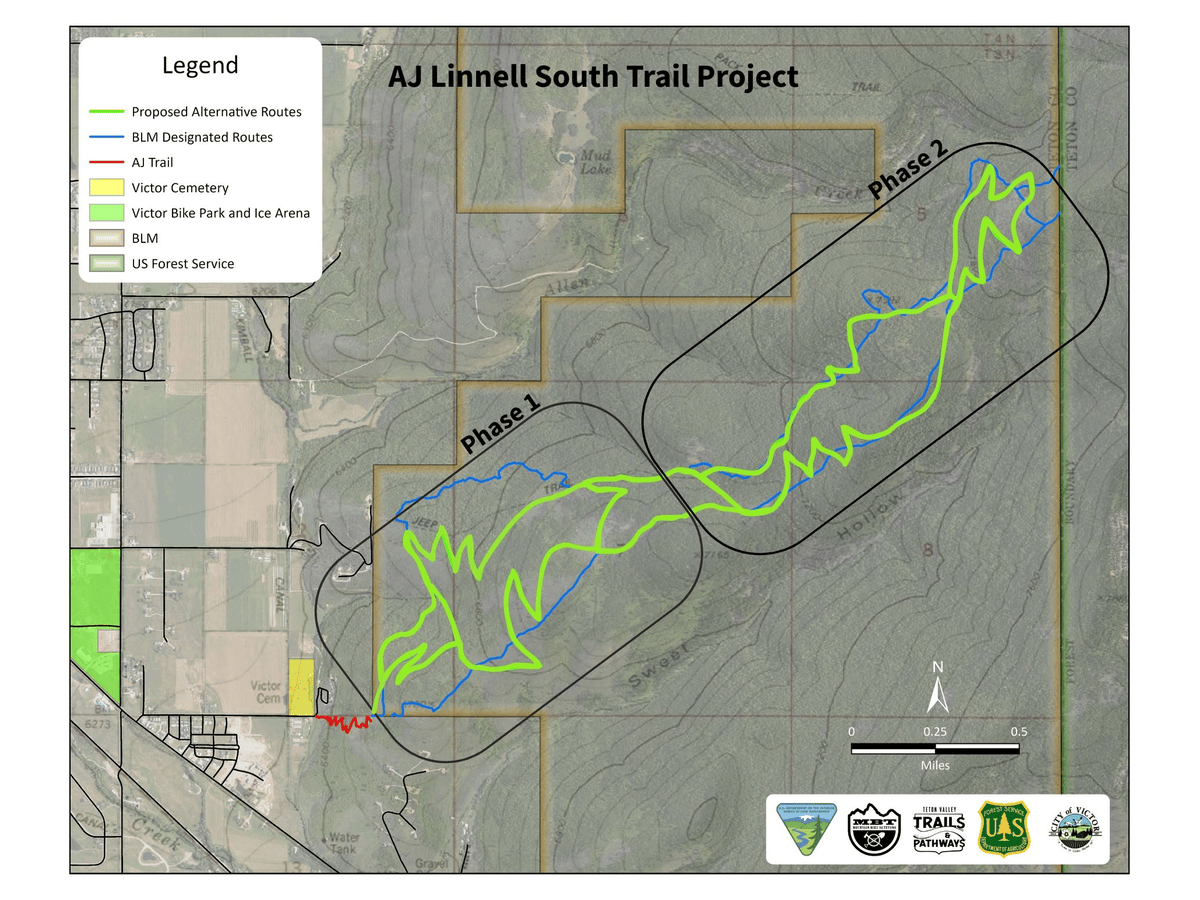 AJ Linnell South Trail Project map showing proposed Phase 1 and Phase 2 trail routes on BLM land east of Victor