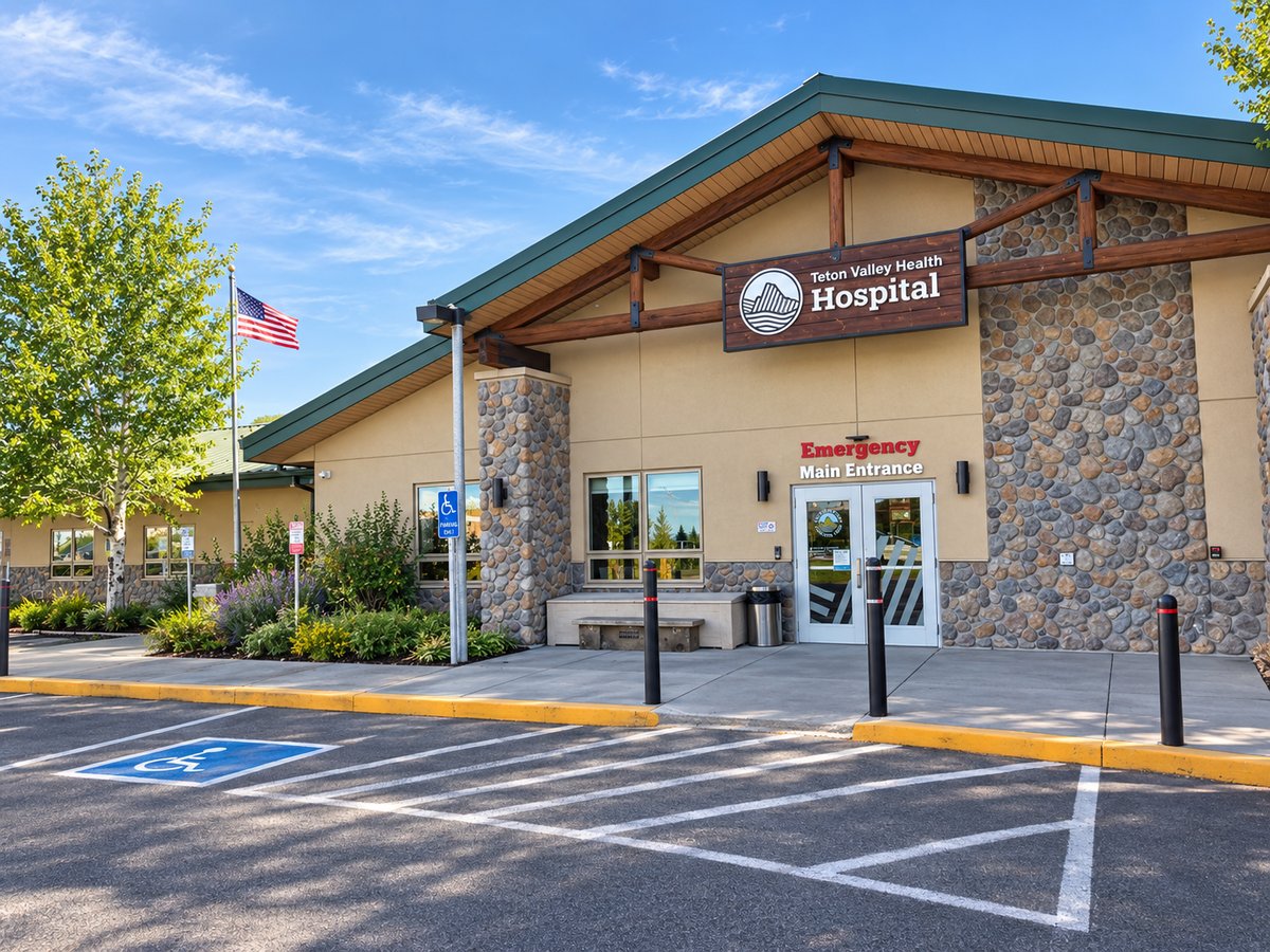 Teton Valley Health Hospital's stone-and-timber main entrance, marked "Emergency Main Entrance"