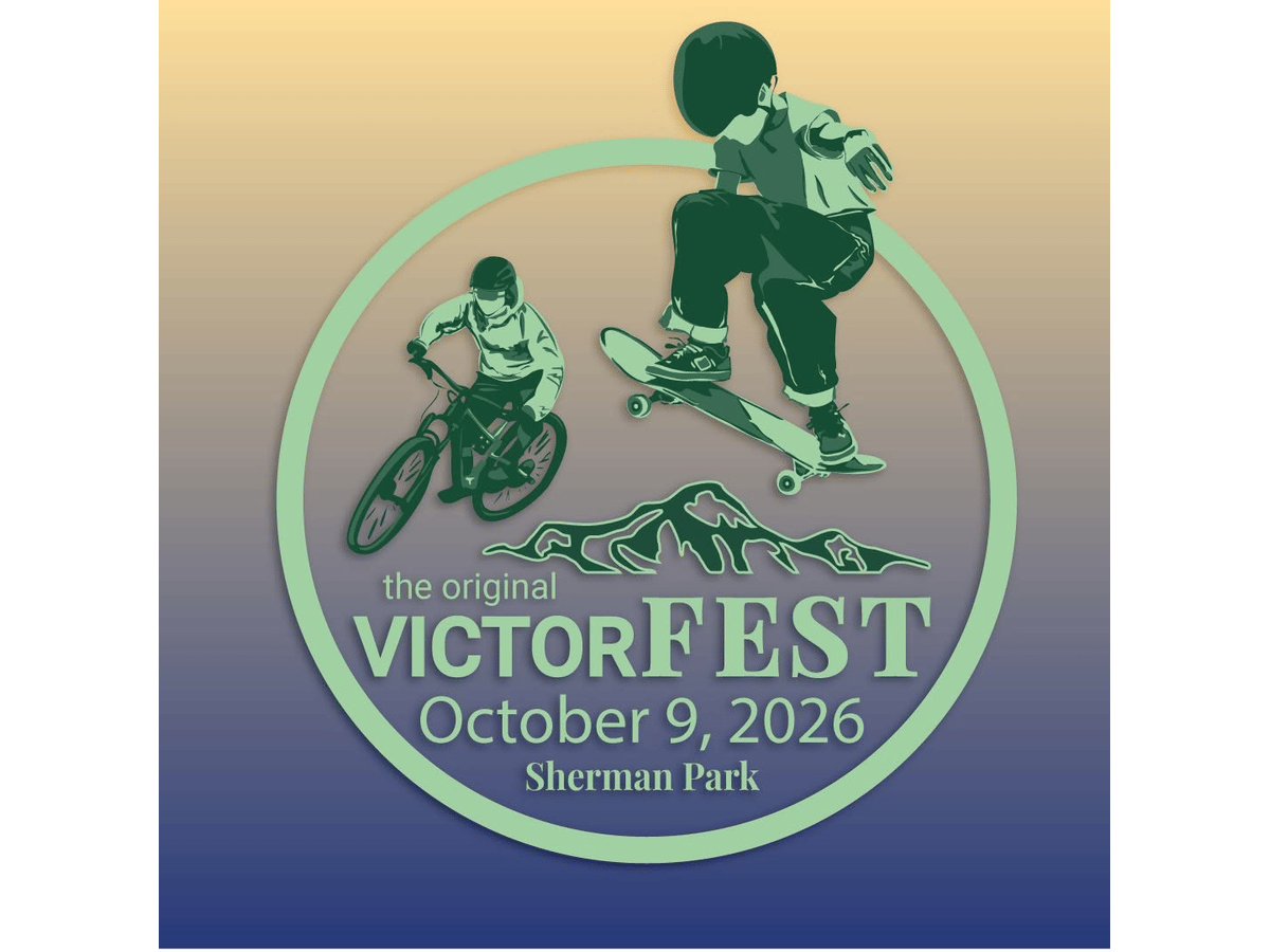 VictorFest poster with a skateboarder and BMX rider over mountains, reading "October 9, 2026, Sherman Park"