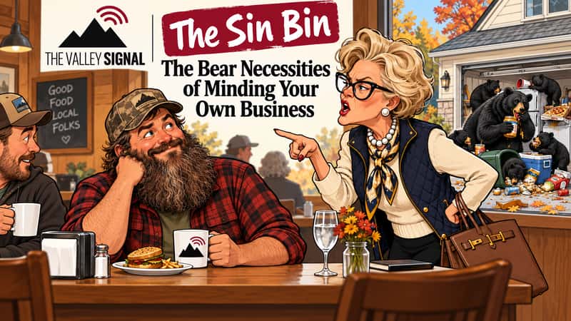 Sin Bin cartoon: in a diner, a woman in pearls lectures a bearded man in a camouflage cap over his lunch while bears raid her open garage behind her.